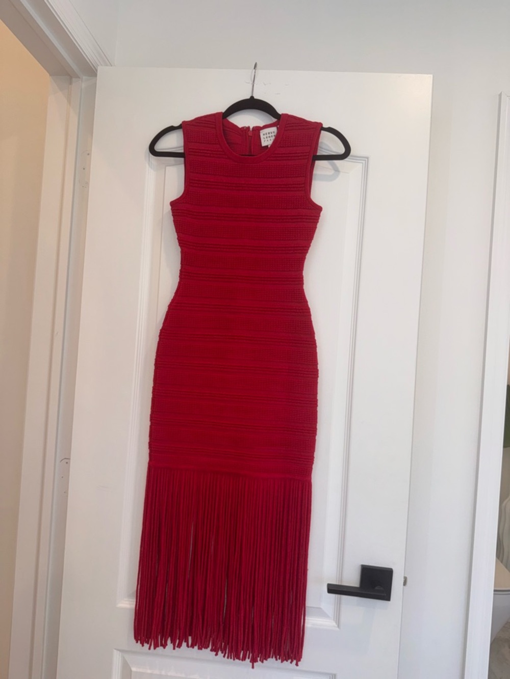 Herve Leger Red Sleeveless Fringe Midi Dress
